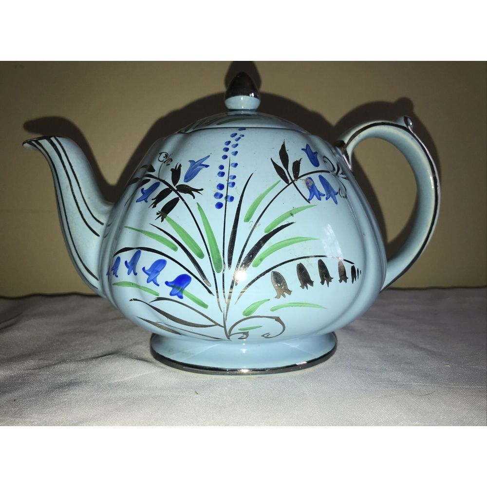 Sadler Vtg Light Blue SkyTeapot‎ Bluebell Pattern Silver Detailing #1604 England